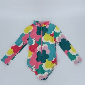 Mini Boden Girls' Long-Sleeve Swim Rashguard in Teal Pink Yellow